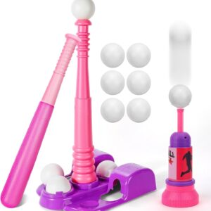 TOY Life T Ball Sets for Kids 3-5, Baseball Set for Toddler Girls, TBall Stand with Ball Launcher and 6 Teeballs, Indoor/Outdoor Sport Toys Gifts for Girls, Pink