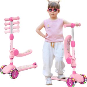 TONBUX Kids Scooter with Seat, 3 Wheels Scooter with PU Luminous Wheels, Non-Slip Handle and Wide Deck, Sensitive Brakes, 4-Level Adjustable Height, Scooters for Kids 2–8 Years