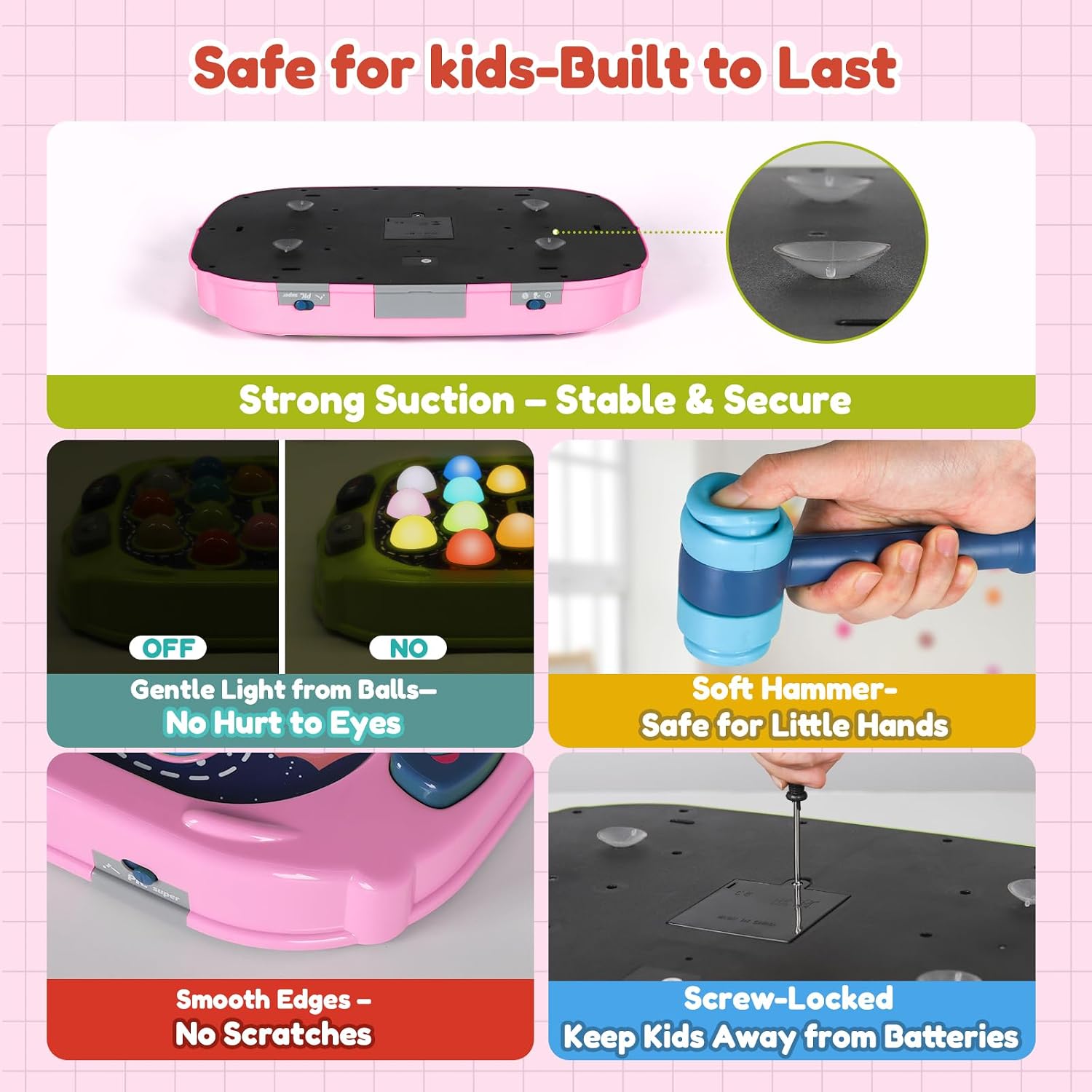 2-Player Whack Game Mole - Toys for Age 3-12 Kids,2 Hammers,3 Modes with Sound & Light,Safe Educational Pounding Toy,Birthday for 3 4 5 6+ Year Old Boys Girls,Pink - Image 6