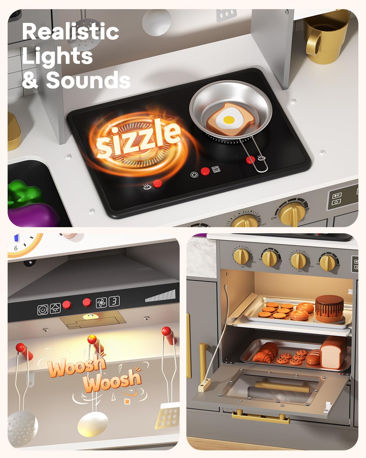 BIERUM Wooden Play Kitchen for Kids Ages 3-8 with Lights & Sounds, Pretend Play Kitchen Set with Stove, Ice Maker, Coffee Maker, Oven & Accessories, Toddler Kitchen Playset for Boys and Girls (Gray) - Image 3