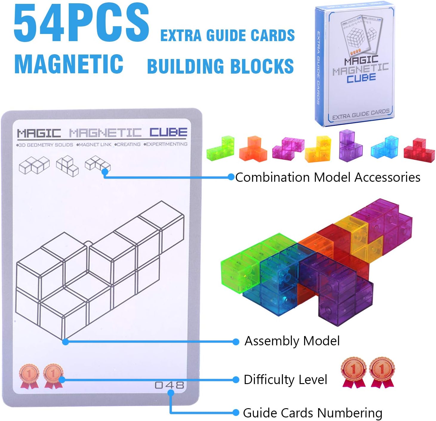 WorWoder Kids Magnetic Building Blocks Magic Magnetic 3D Puzzle Cubes, Set of 7 Multi Shapes Magnetic Blocks with 54 Guide Cards, Intelligence Developing and Stress Relief Fidget Toys for Kids (Blue) - Image 3