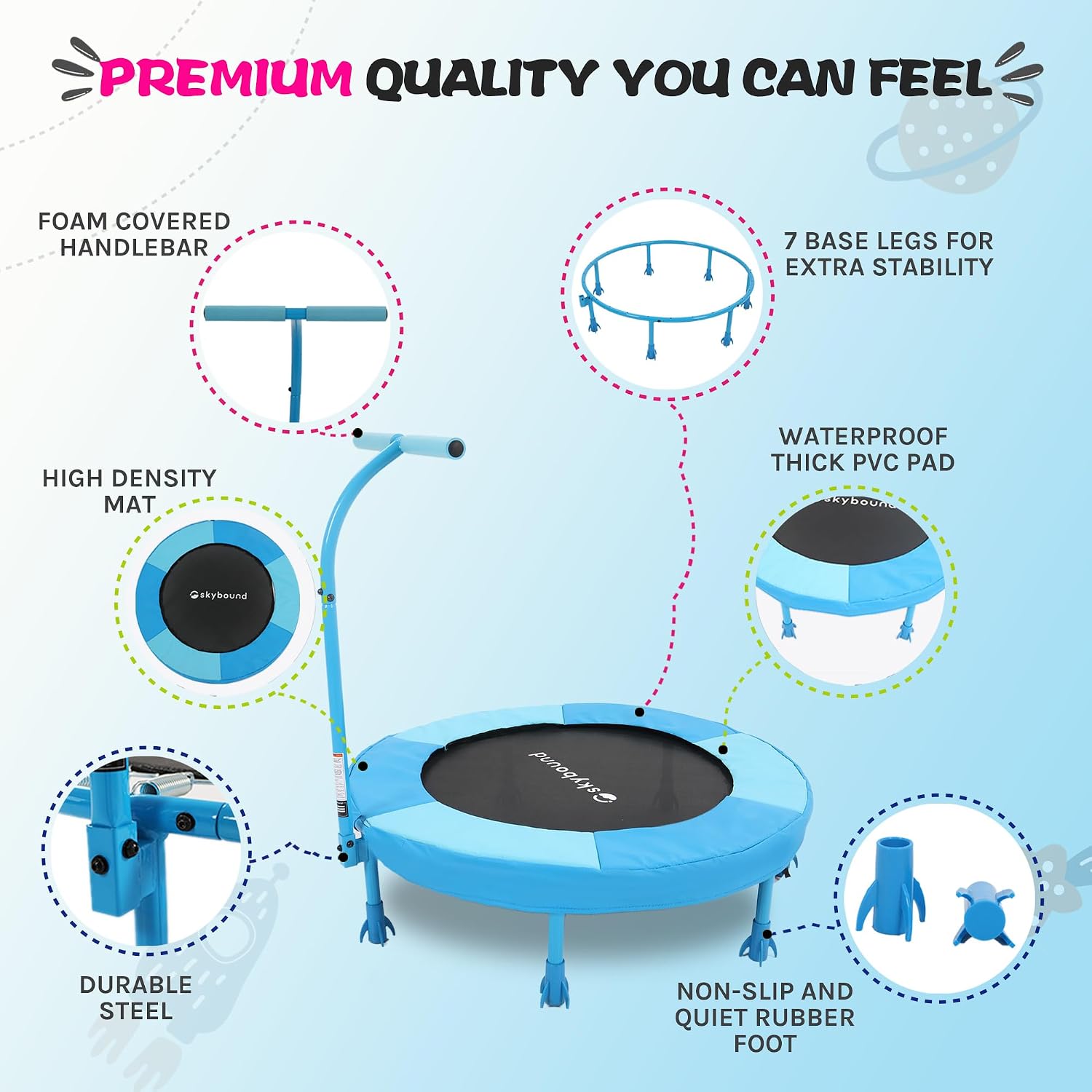 SkyBound 36 Inch Indoor Trampoline for Kids - Kids Trampoline Indoor with Handle - Toddler Trampoline with Upgraded 2.0mm Steel Pipe and Handlebar - Mini Indoor Trampoline for Kids Age 3 and Above - Image 2