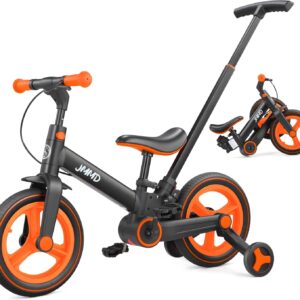 JMMD 6 in 1 Toddler Bike with Push Handle for Kids 18-60 Months, 12″ Foldable Balance Bike with Training Wheels, Pedals, Brakes, Kickstand, Push Tricycle Toddler Gift & Toys for Boy & Girl