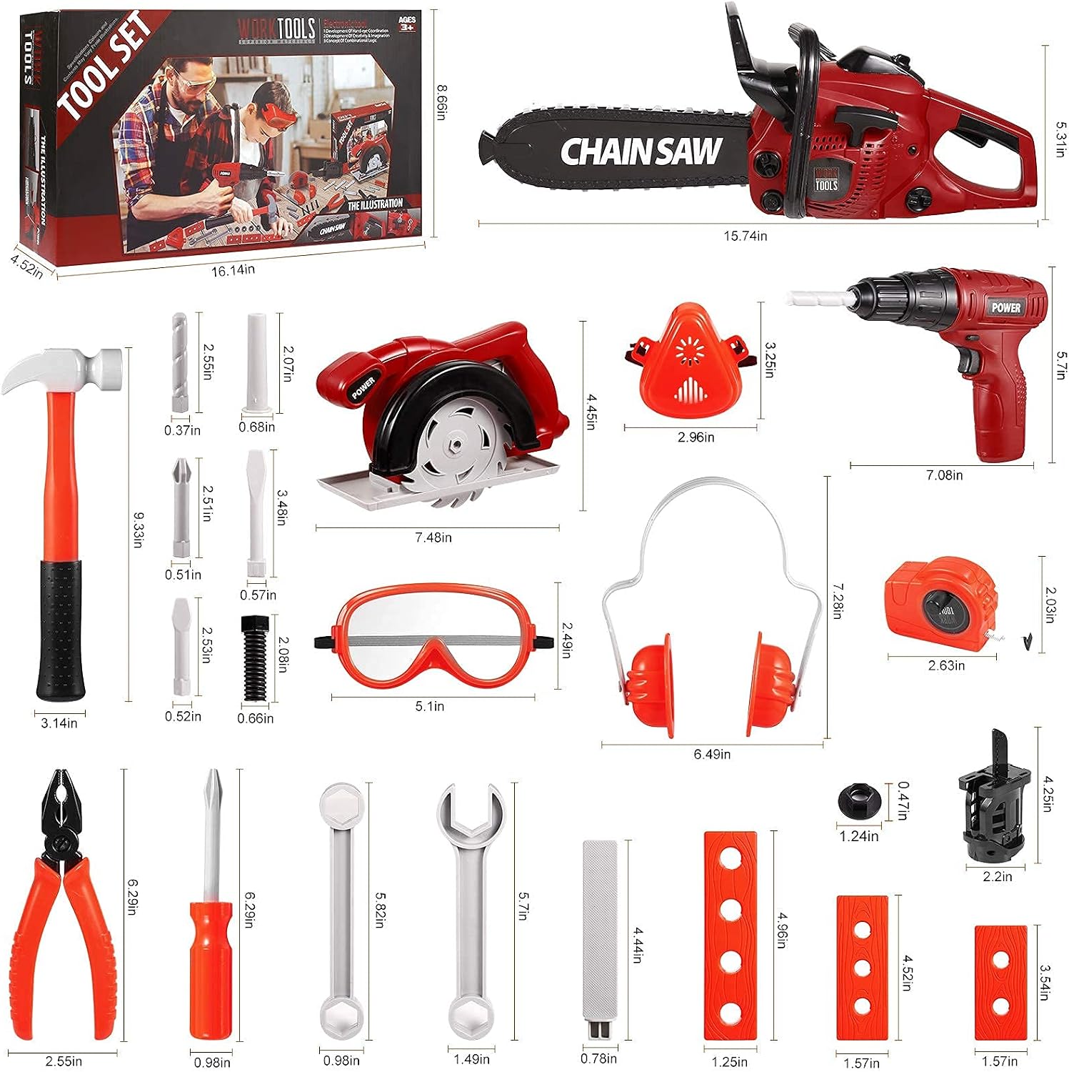 Vextronic Kids Tool Set 36 PCS with Toy Chainsaw Electronic Toy Drill with Sound and Light, Pretend Play Kids Tool Box Construction Toy, Great Toy Tool Set for Toddlers Boys Girls Ages 3+ - Image 6