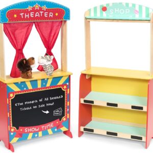 Rundad Wooden Puppet Theater Bonus 2 Hand Puppet, Double-Sided Lemonade Stand & Puppet Show Theater for Kids, Wood Deluxe Children Puppet Theatre Toy with Chalkboard