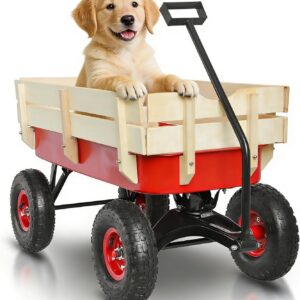 All-Terrain Handcart with Removable Wooden Side Panels, Kids Wagon, Heavy-Duty Steel Cart, Foldable Pet Stroller, Ideal Gift for Halloween and Christmas, Red