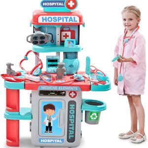 Doctor Kit for Kids 3-5, Toddler Play Set with Rolling Cart, Costume, and Stethoscope, Role Play Kids Doctors Set Educational Birthday Gift for Girls(Pink)