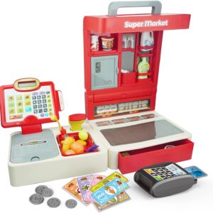 RedCrab Foldable Cash Register Toy for Kids,Toddler Grocery Store Toy with Scanner, Play Money & Food,Portable Supermarket Pretend Playset with Carry Handle,Gift for Boys & Girls Ages 3+