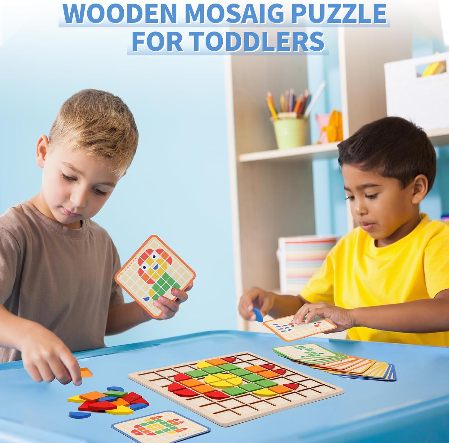 Montessori Tangram Educational, Geometric Shapes Puzzle Toys with 120Pcs Wooden Puzzle Blocks and 20Pcs Cards, Colorful Pattern Montessori Children's Educational Gifts for Kids Ages 3 and Up - Image 7