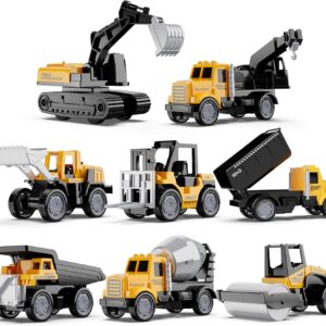 HONGTUO Alloy Mini Construction Vehicles, 8Pcs Die-cast Construction Toys Set, Excavators Mixer Truck Bulldozers Forklift Dump Truck, Pull Back Car Toys for Toddlers Kids Boys & Girls