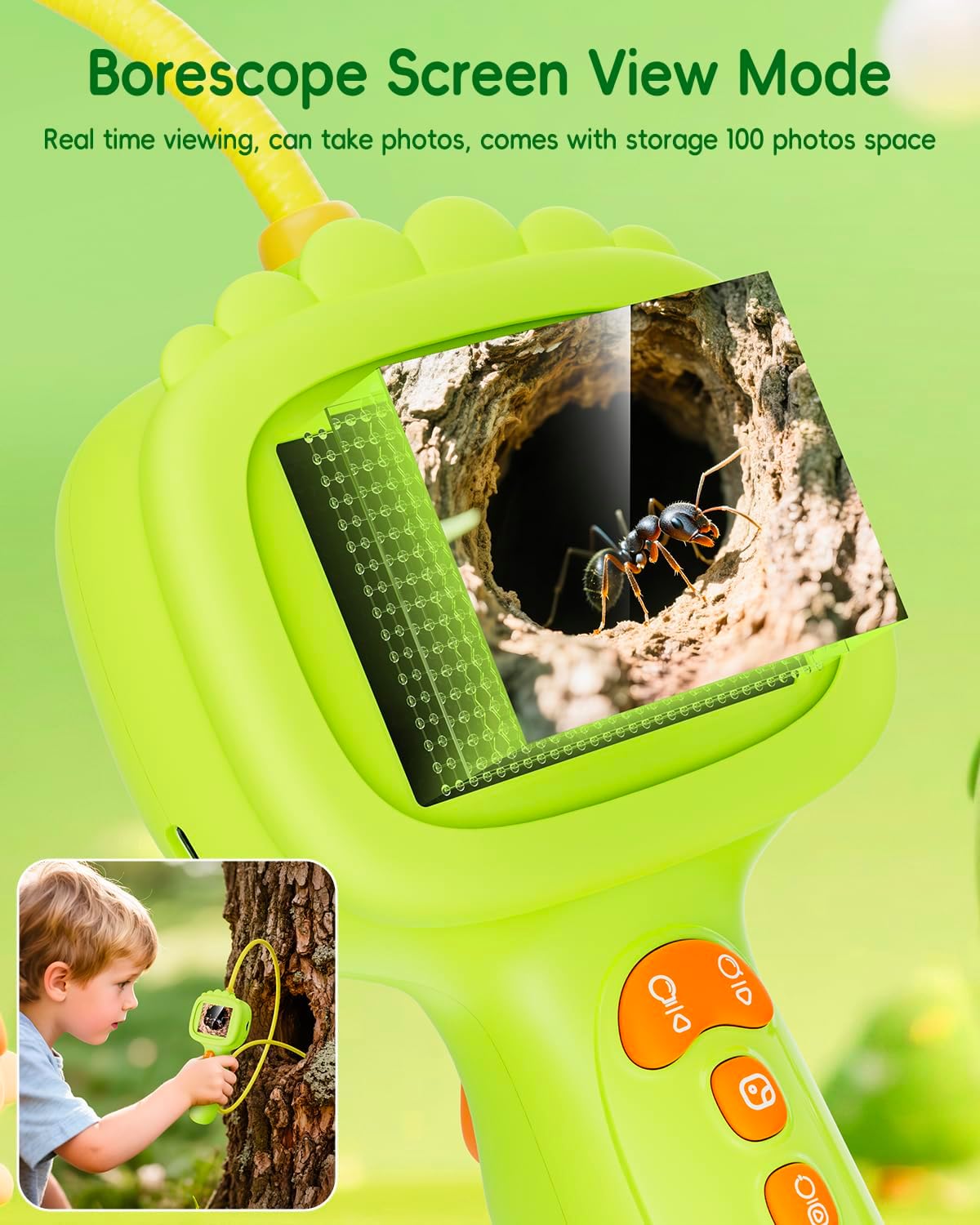Borescope Camera with Light for Kids, Ashfly STEM Science Educational Toy for 3 4 5 6 7 8 Years Old Boys & Girls, 2.4" Screen Snake Scope Camera for Birthday Outdoor Camping Nature Exploration-Green - Image 5