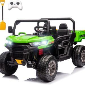 Sopbost 2 Seater 24V Ride On Truck with EVA Tires Wheels 4WD Kids Electric Car with Dump Bed Ride On Toy Car with Remote Control, Kids UTV for Boys Girls, Extra Shovel,Music, Green