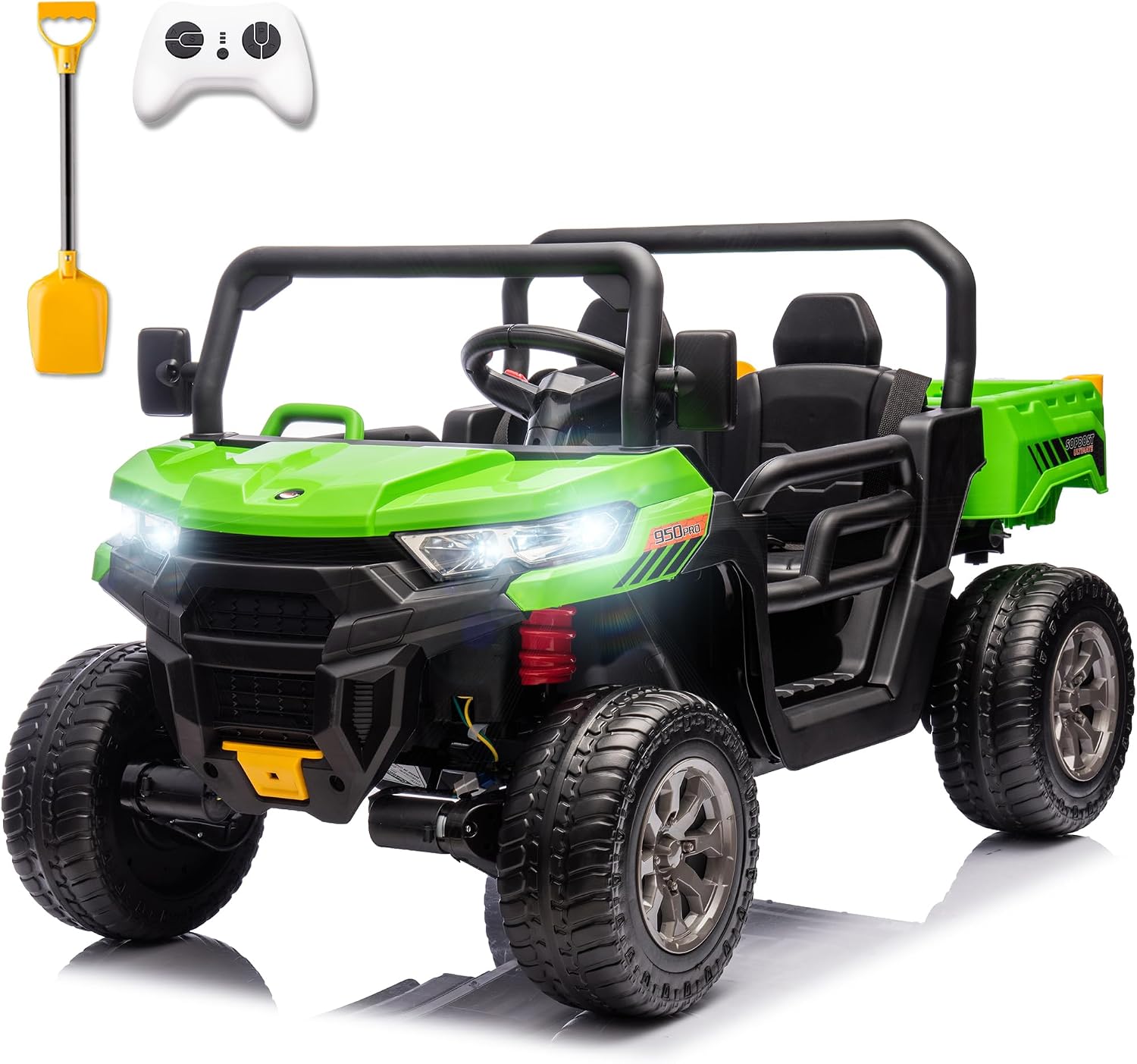 Sopbost 2 Seater 24V Ride On Truck with EVA Tires Wheels 4WD Kids Electric Car with Dump Bed Ride On Toy Car with Remote Control, Kids UTV for Boys Girls, Extra Shovel,Music, Green