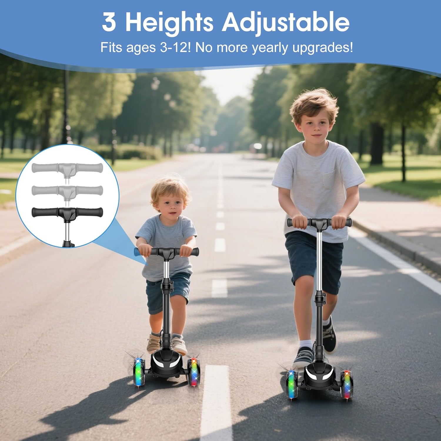Electric Scooter for Kids Ages 3-8, 3 Wheels Electric Scooter, Electric Kick Scooter with 2 Speeds, Long Battery Life, Flashing LED Wheels, Adjustable Height, B2 with Bluetooth Music for Boys/Girls - Image 4
