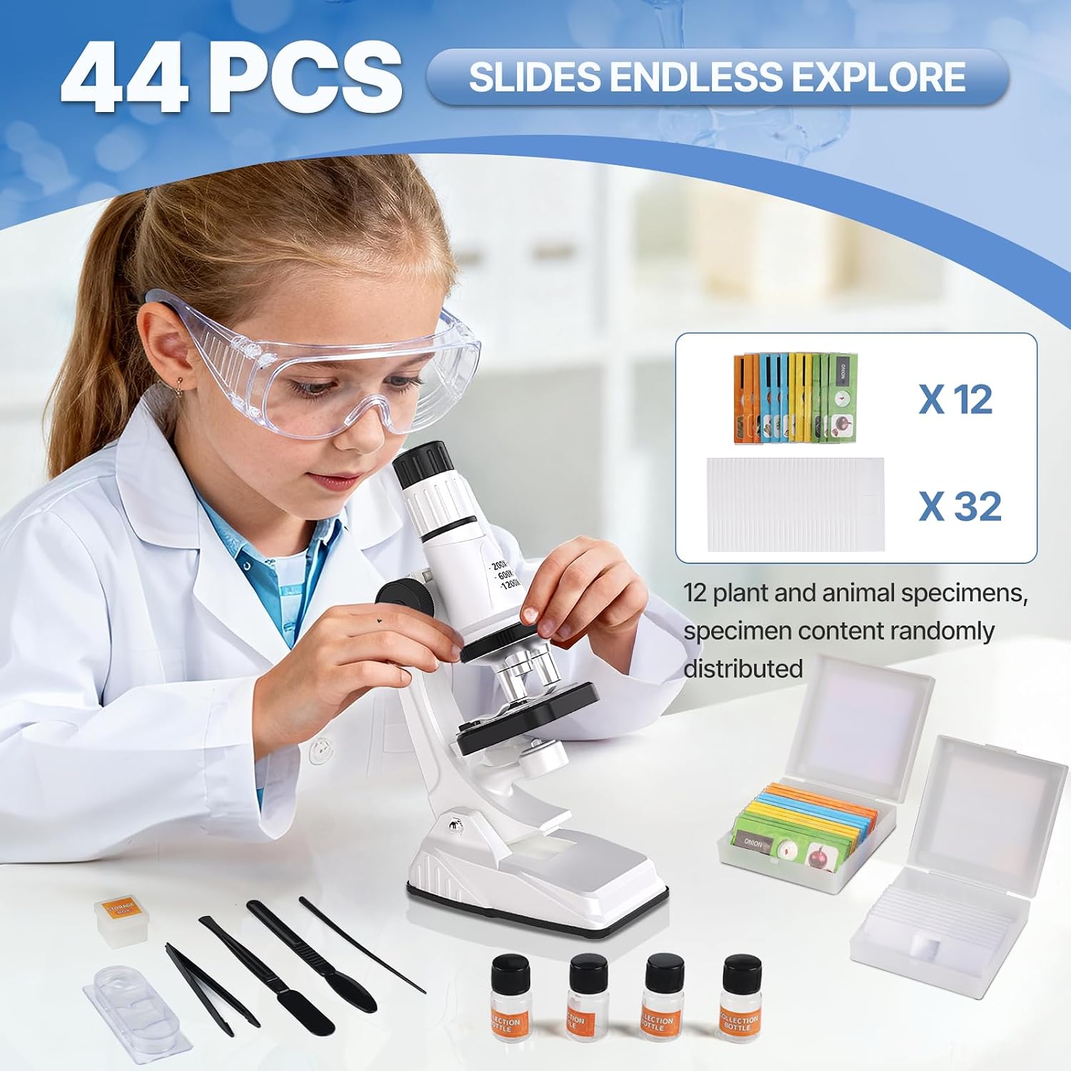 61 Piece Kids Microscope Kit - 100X-1200X with LED Light, Science Kit with Blank and Prepared Slides, Phone Holder, Carrying Box, STEM Project Toy, Educational Gift for Children Ages 6-12 - Image 2