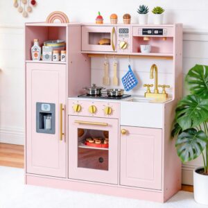 inFUNSAME Wooden Kids Play Kitchen with Lights and Sounds, 18 Accessories, Modern Design Kitchen Playset with Complete Play Areas,Gift for Girls & Boys(Ages 3+) (Pink)