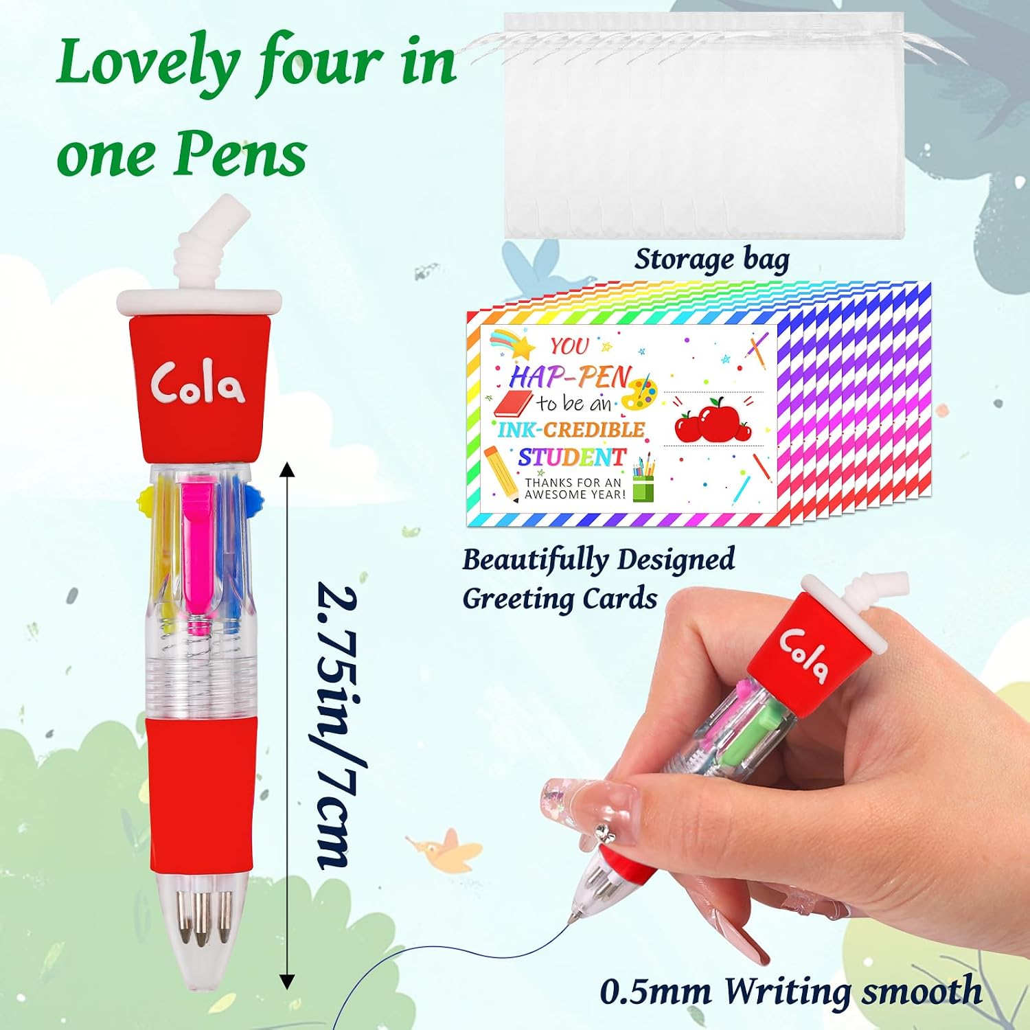 CZWZ 30 Set Cute Multicolor Pens in One 4-in-1 Fun Pens Bulk with 30 Gift Cards for Kindergarten Party End of Year Student Gift Bulk Office School Exchange Gifts - Image 2