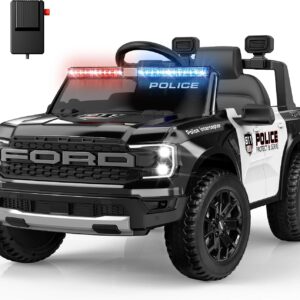 ANPABO Licensed Ford Police Car Ride On,12V Kids Cars to Drive w/Realistic LED Siren Flashing Light, Megaphone, Remote Control, Music, Storage Trunk, Electric Cars for Kids Ages 2+, Black