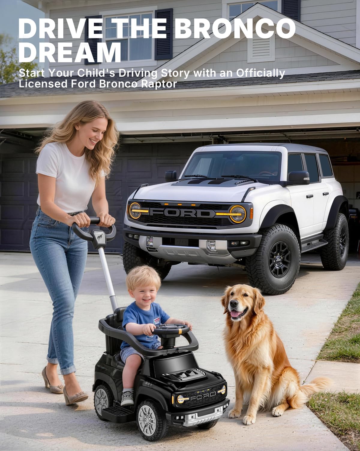 First Ride On 3-in-1 Toddler Push Car, Licensed Ford Bronco Raptor Kids Push Car for Toddlers 1-3 w/Handle, Safety Rails, Music and Horn, Toddler Ride on Toy for Boys, Stroller Substitute (Black) - Image 3