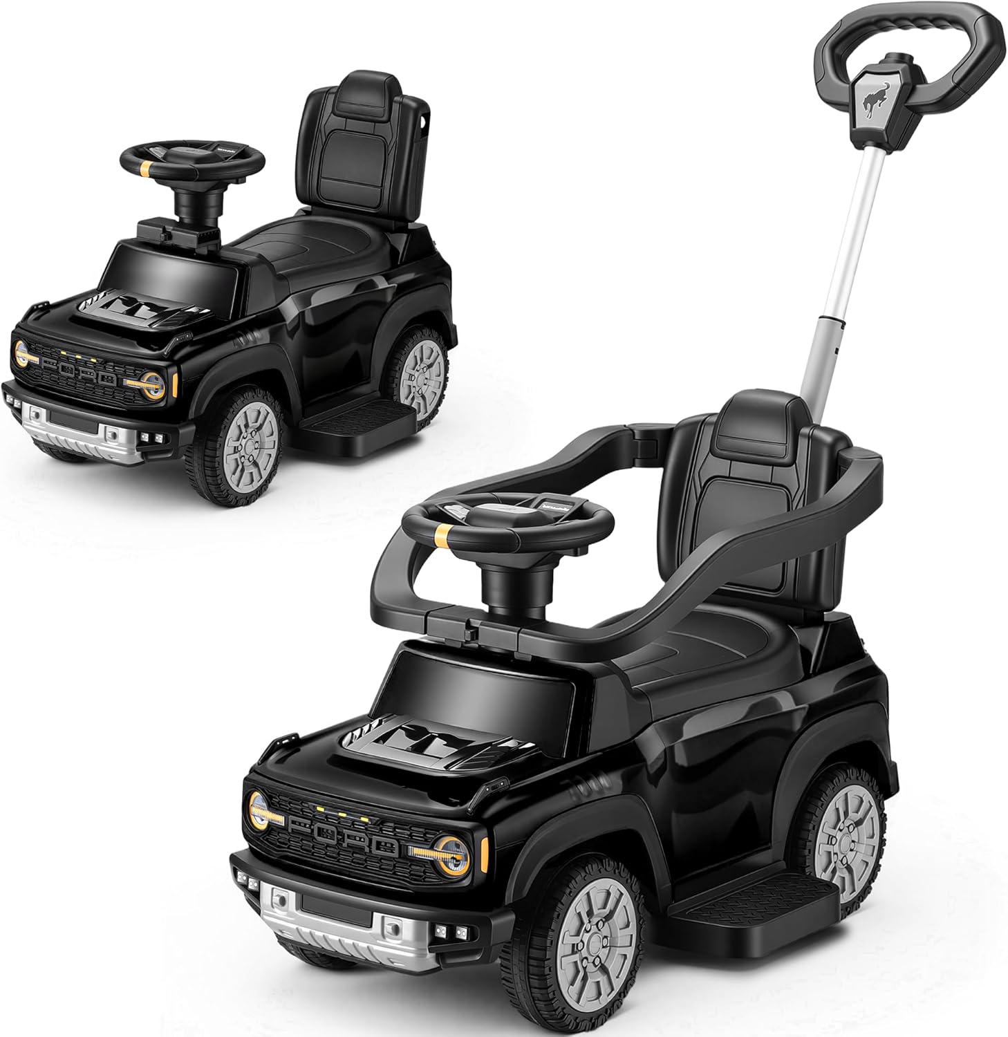 First Ride On 3-in-1 Toddler Push Car, Licensed Ford Bronco Raptor Kids Push Car for Toddlers 1-3 w/Handle, Safety Rails, Music and Horn, Toddler Ride on Toy for Boys, Stroller Substitute (Black)