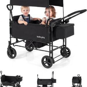 BABY JOY Wagon Stroller for 2 Kids, Foldable Side-Unzip Stroller Wagon with Adjustable Push/Pull Handle, Removable Canopy, Storage Bag, Harness & All-Terrain Wheels for Zoo, Beach & Travel (Black)