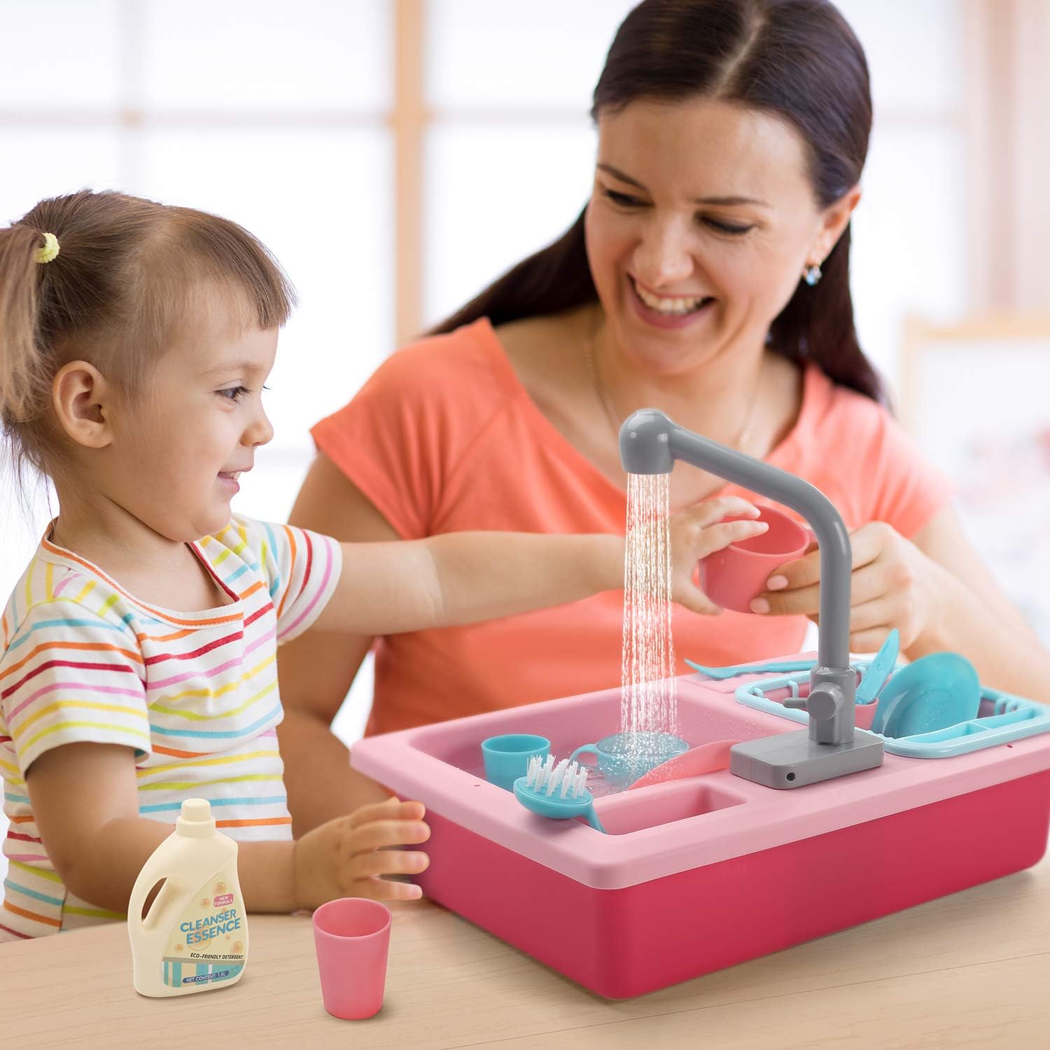 CUTE STONE Color Changing Play Kitchen Sink Toys, Children Electric Dishwasher Playing Toy with Running Water,Upgraded Real Faucet and Play Dishes,Pretend Role Play Toys for Kids Boys Girls - Image 2