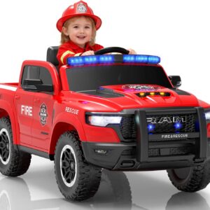 First Ride On 12V Ride on Fire Truck for Toddlers, Licensed RAM 1500 RHO Electric Car for Kids with Remote Control, Firetruck Ride on Toys w/Siren-Call, Bluetooth, Bed Storage (Red 50W)