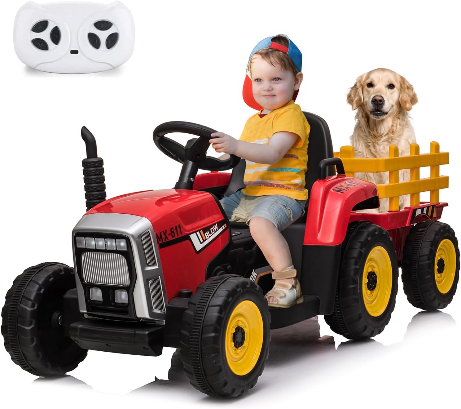 Garvee 12V 4.5Ah Kids Ride on Tractor with Trailer & Remote Control, 5Mph Speed, Toddler Electric Vehicle Car with Headlights,2+1 Gear Shift, Music, USB for 3-6 Years Children, Two 25W Motors, Red