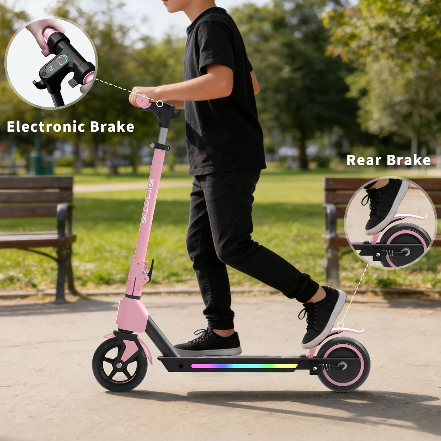 SIMATE Electric Scooter for Kids Ages 6-14, 3 Adjustable Heights 34"/37"/39", LED Display & Colorful Lights, Foldable Kids Electric Scooter, 8.7 MPH Safe Speed, Gifts for Boys Girls - Image 6