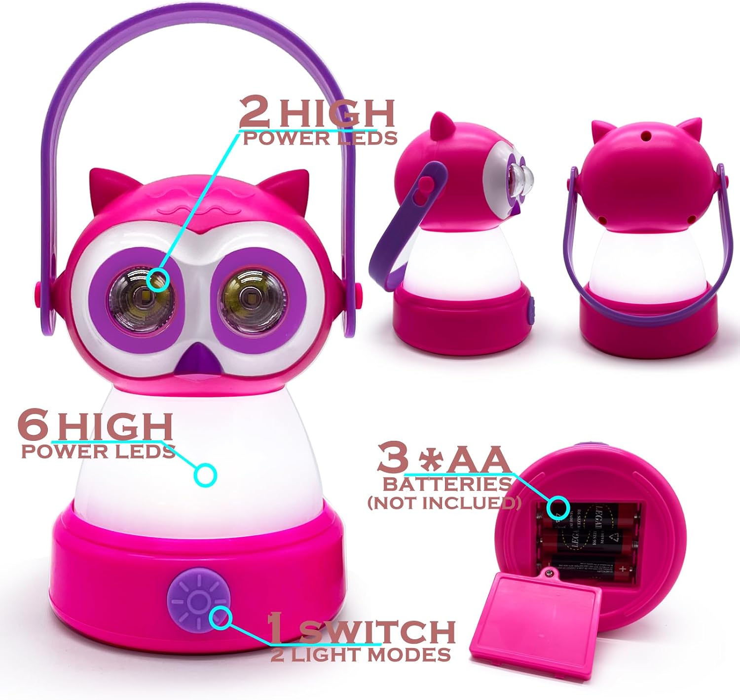 Kids Owl Lantern & Headlamp Set, 2-in-1 360° LED Camping Night Light, Battery Powered 3×AA, Child-Safe ABS, Portable Adventure Toy & Bedroom Night-Light (Pink Owl Lantern-Headlmp) - Image 2