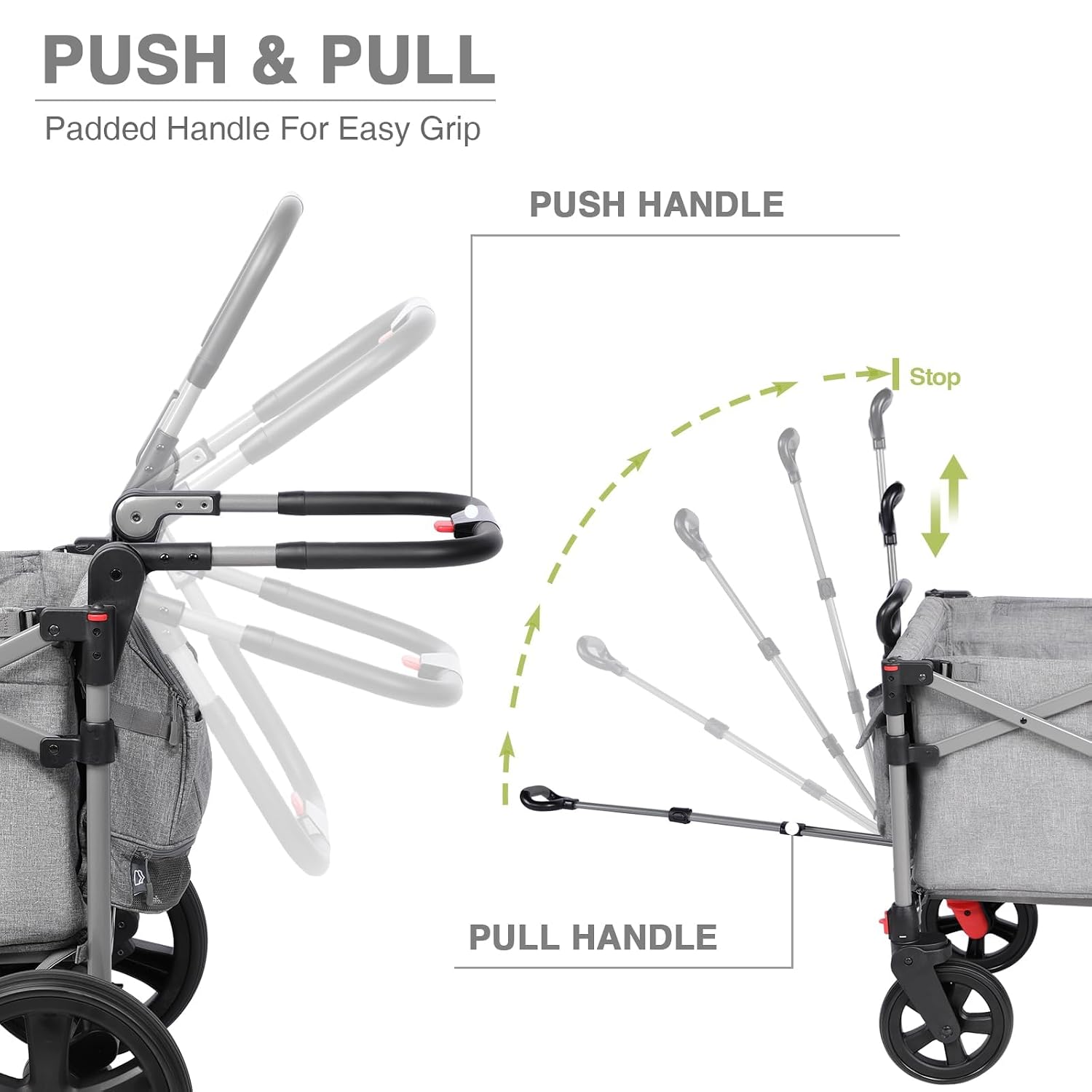 EVER ADVANCED Foldable Wagons for Two Kids & Cargo, Collapsible Folding Stroller with Adjustable Handle Bar,Removable Canopy with 5-Point Harness Gray - Image 4