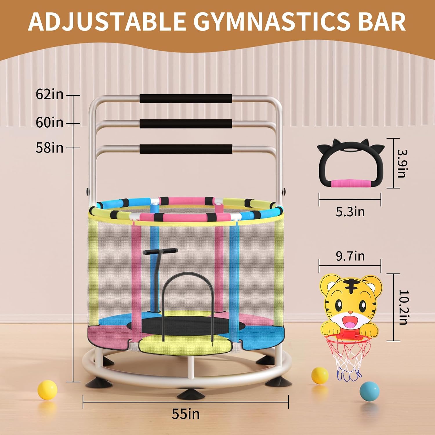 Trampoline for Kids, Adjustable Baby Toddler Trampoline with Basketball Hoop, Round Bottom Indoor Outdoor Toddler with Enclosure - Image 3