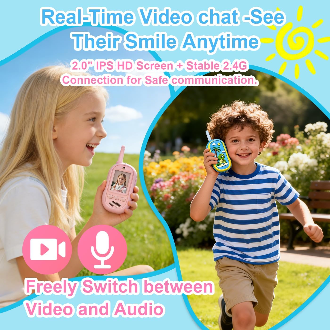 2PCS Video Walkie Talkies for Kids Camping Toys Spy Gear Outdoor Games for Family Hide and Seek Spy Role Play ABS Rechargeable Long-Range HD Camera Voice Changer Toy - Blue/Pink 136x56x26mm - Image 2