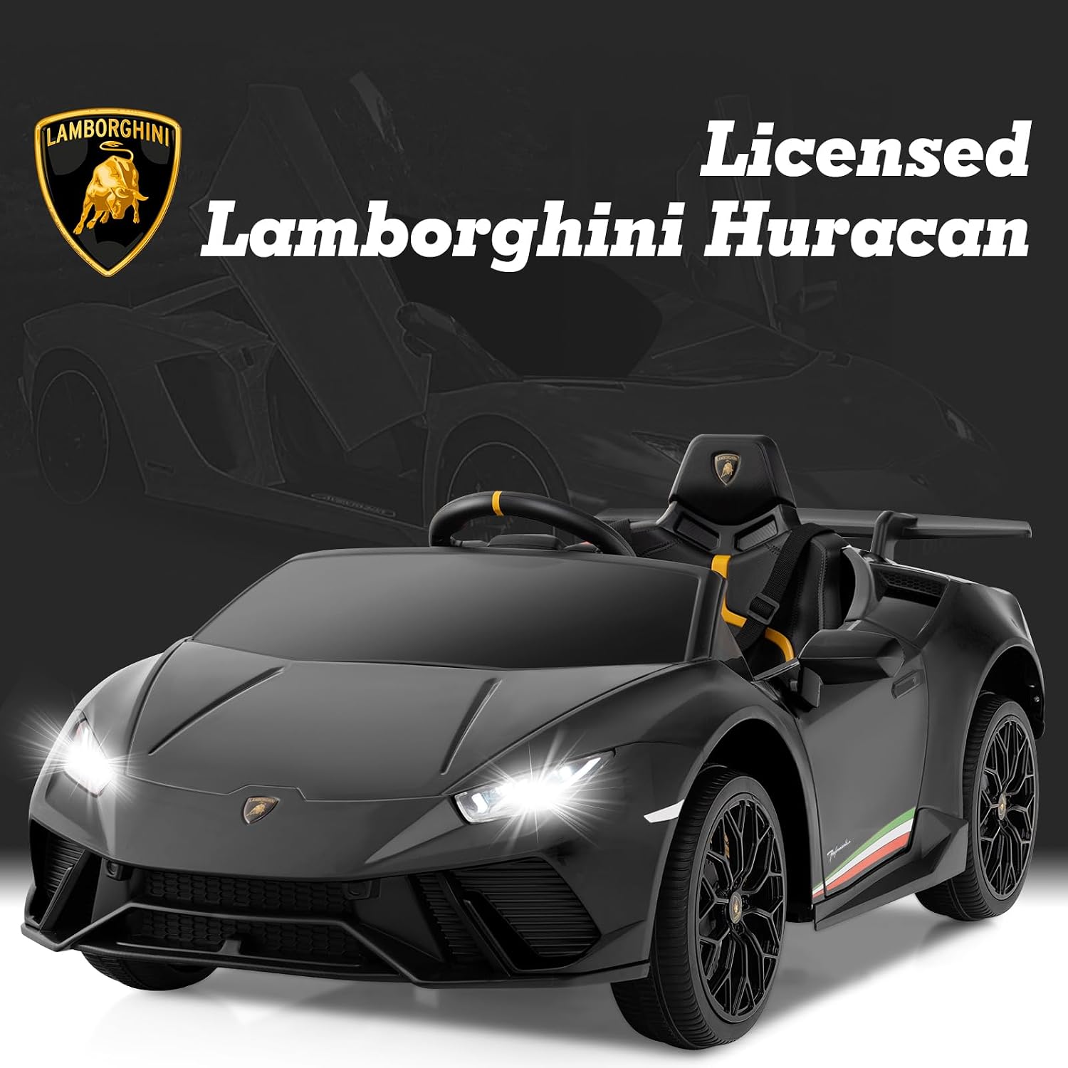 Licensed Lamborghini Huracan Ride on Car by INFANS, 12V Kids Electric Vehicle Battery Powered Toy with Remote Control, LED Lights, Spring Suspension, Bluetooth, MP3, Aged 3-8 Years (Black) - Image 2