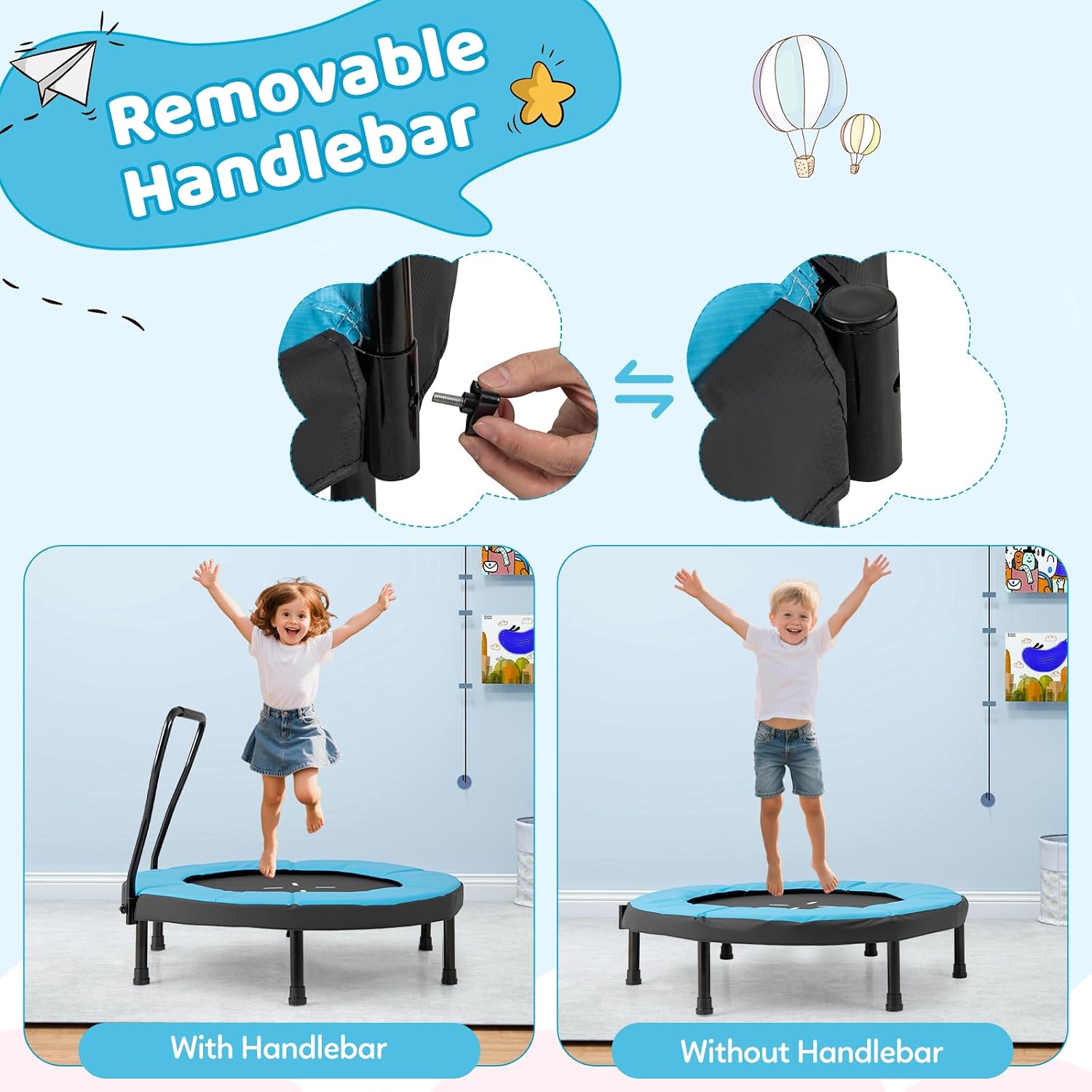 Goplus 40" Mini Trampoline for Kids, Indoor/Outdoor Fitness Trampoline with Foam Handlebar & Safety Pad, Home Workout Equipment for 3-6 Years Old Toddlers, Gift for Boys & Girls - Image 2