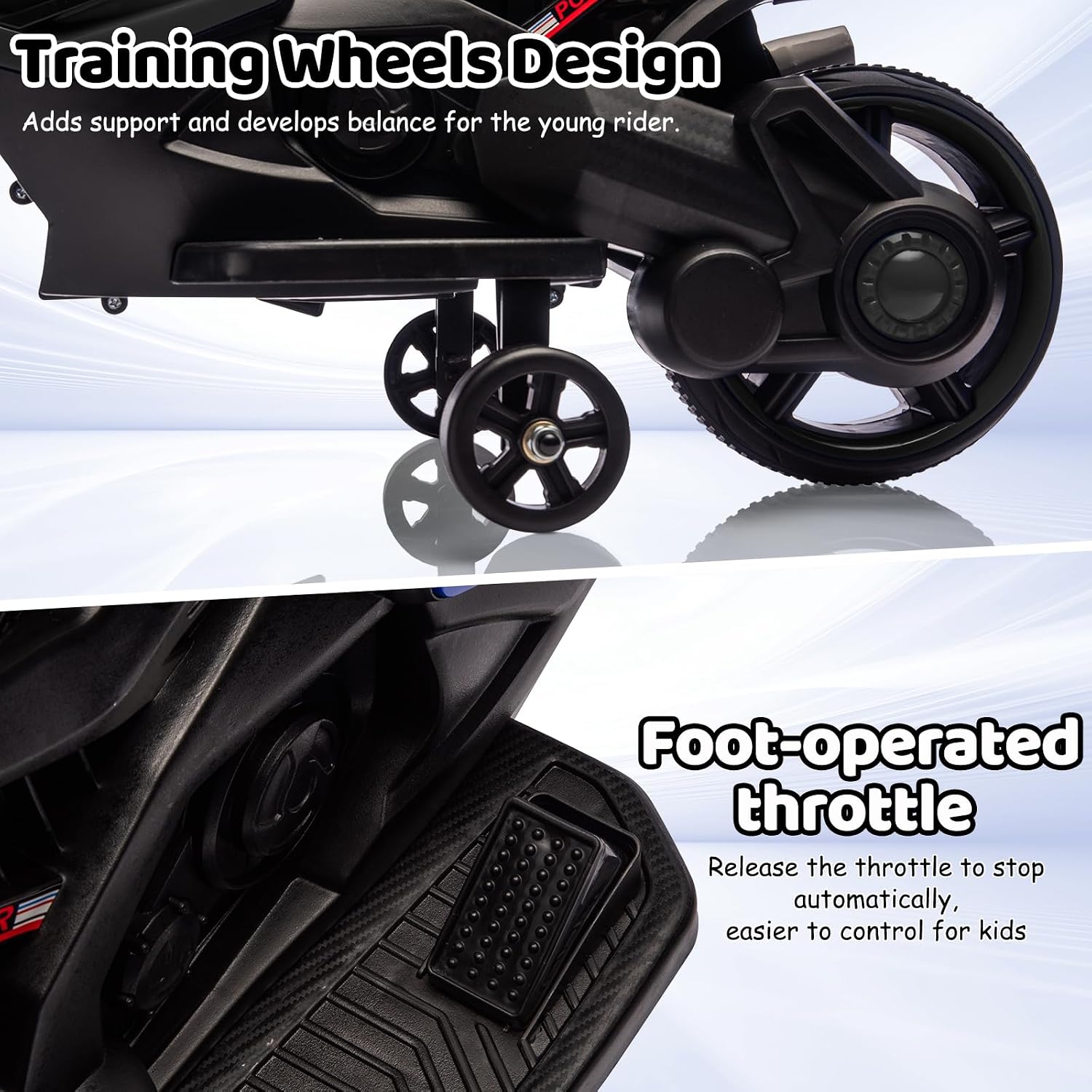Kids Ride On Motorcycle, 6V Battery Powered Electric Motorcycle, w/Treaded Tires, Horn, Working Headlight, Music, Training Wheels, Stable Ride On Toys for Kids Toddler Boys Girls 3-6, Black - Image 6