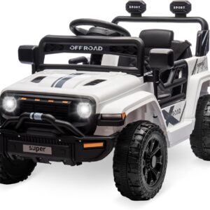 Ride On Truck Car, 12V Ride On Toy w/Parent Remote Control, Steering Wheel Music, 4-Wheel Spring Suspension, Led Lights, 2 Speeds, Kids Electric Vehicles for Age 3-5, White
