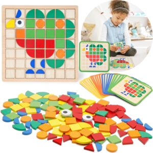 Montessori Tangram Educational, Geometric Shapes Puzzle Toys with 120Pcs Wooden Puzzle Blocks and 20Pcs Cards, Colorful Pattern Montessori Children’s Educational Gifts for Kids Ages 3 and Up