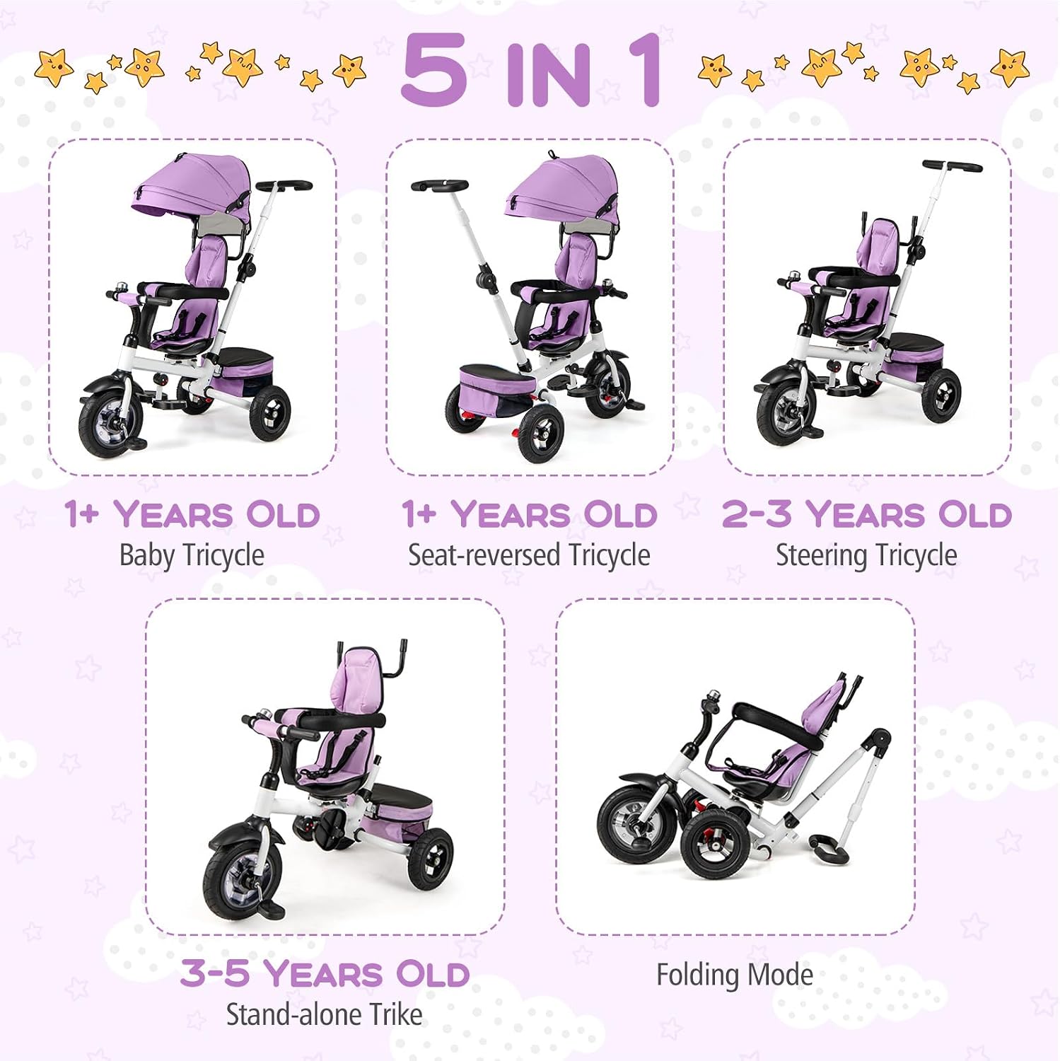 Costzon Tricycle, 5 in 1 Toddler Bike w/Foldable Push Handle, Rotatable Seat, EVA Wheel, Adjustable Canopy, Storage Basket & Bell, Trike for Kids 1-5 Years Old (Pink) - Image 3