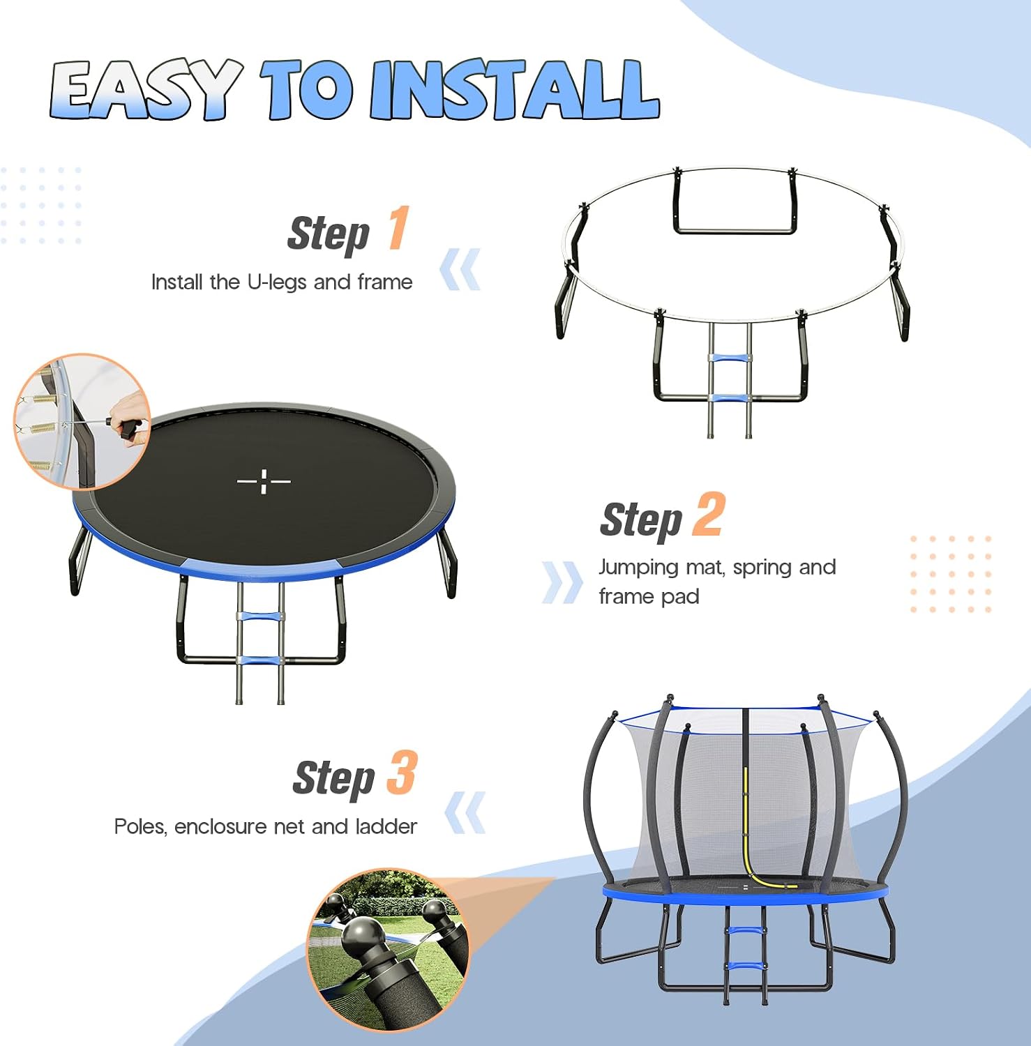 YUMPIE 8FT 10FT 12FT 14FT 15FT 16FT Outdoor Trampoline with Enclosure Net and Ladder, Recreational Trampolines for Kids and Adults, Quick Connect Frame, ASTM Approval - Image 3