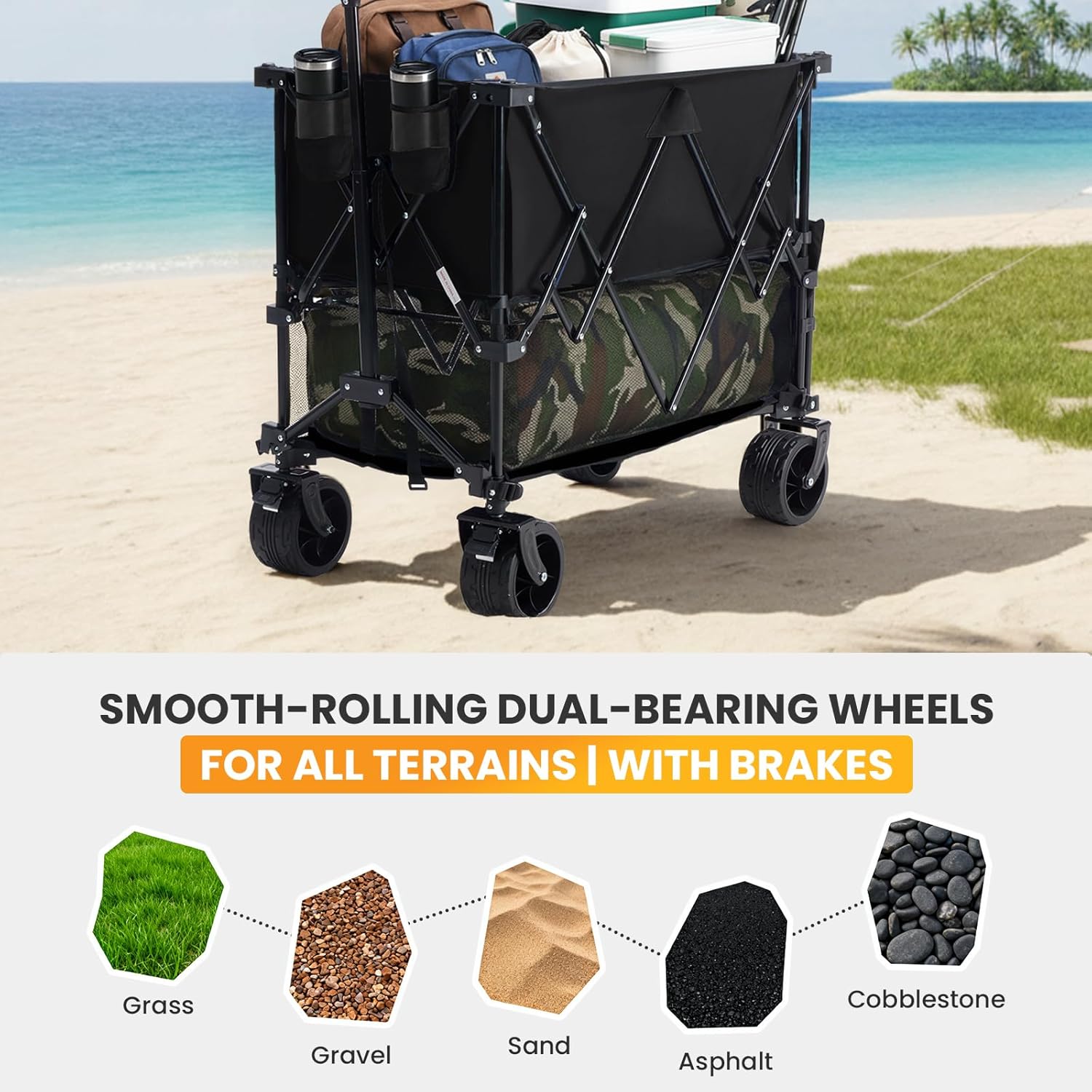 NEWBULIG Large Capacity Folding Double Decker Wagon with Brakes, 440lbs Wagons Carts Foldable Wagon Cart with Flexible Handle, All-Terrain Big Wheels for Grocery Sports Garden Camping - Image 8