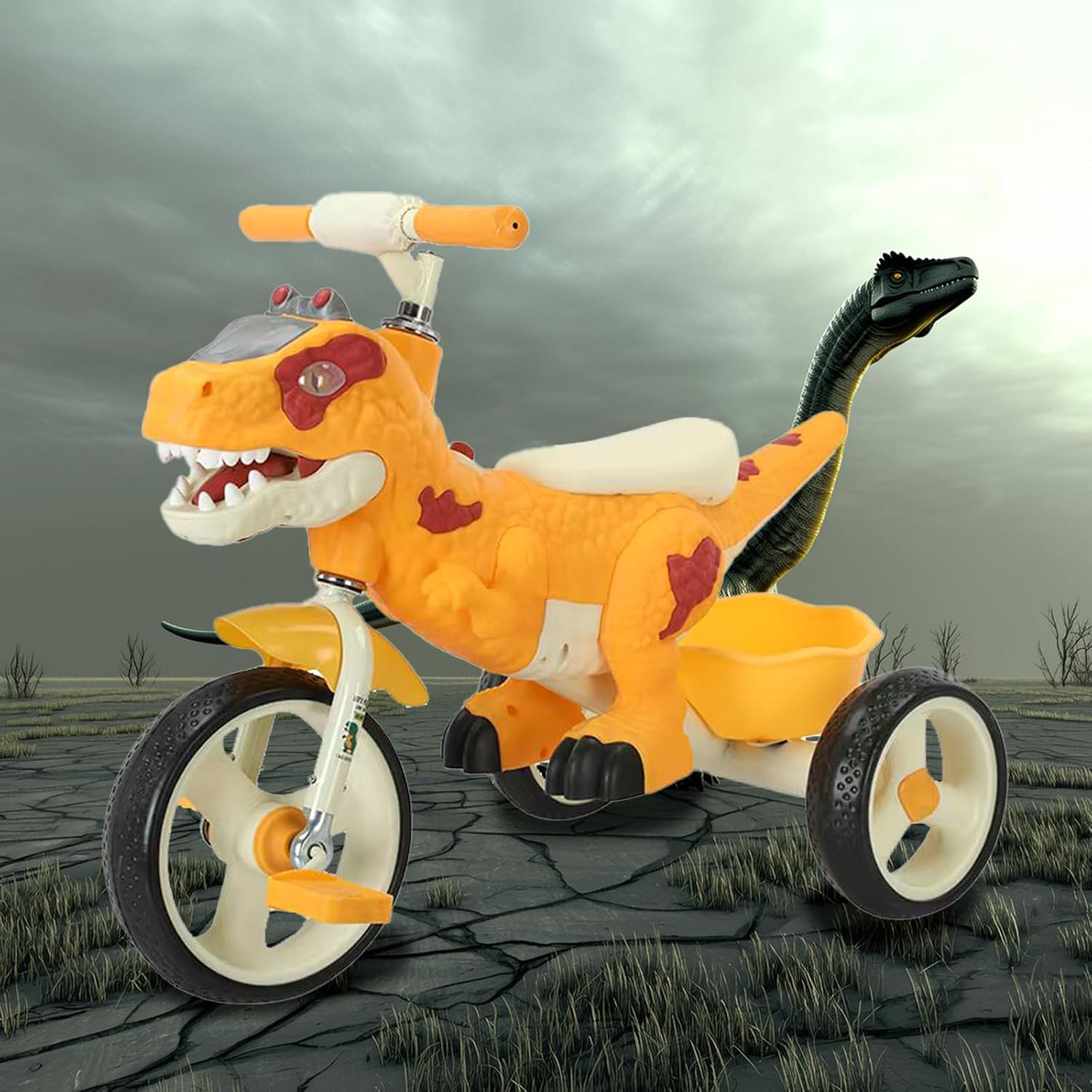 Dinosaur Kids Tricycle for Rider, Toddlers 2-6 Years - Trike Bike with Music, LED Lights, Storage Basket & Rubber Wheels | Indoor/Outdoor Big Wheels Bike Gift for Boys & Girls (Yellow) - Image 8