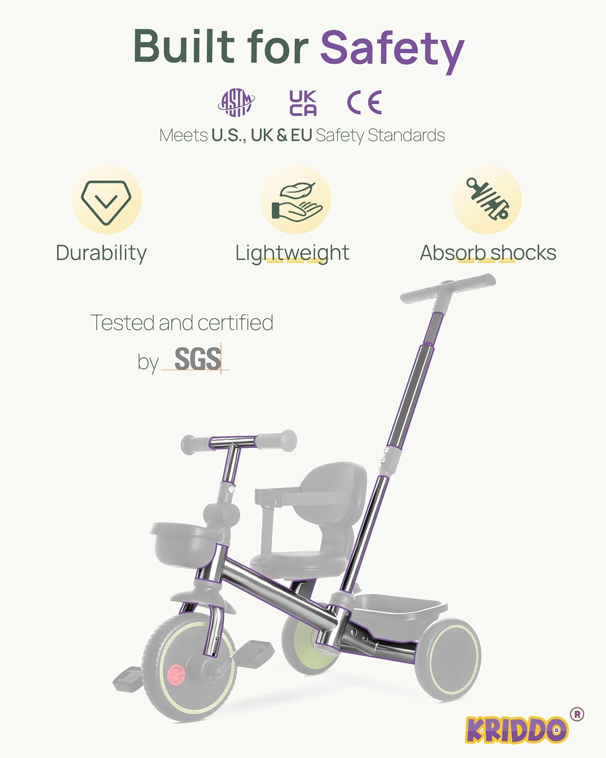 KRIDDO 2-in-1 Tricycle for Toddlers 1.5-5 Years, Push Tricycle with Parent Steering & Detachable Handle, 9-Stage Adjustable Handlebar, Toddler Trike with Safety Belt, Clutch Pedals & Dual Baskets, GN - Image 4