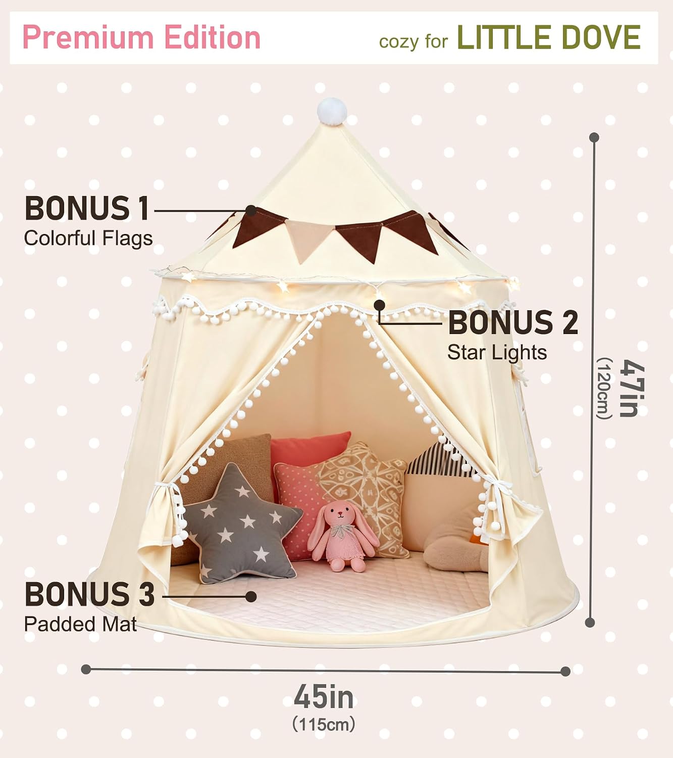 Play Tent with Padded Mat, Star Lights and Flags, Large Playhouse Kids Castle Tents, Indoor Outdoor Game Tent, Portable Children Yurt Tents, Gift for Boys & Girls, 47''x45'', Cream - Image 4