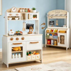Dual-Sided Play Kitchen for Kids Toddlers, 2-in-1 Grocery Store&Wooden Toy Kitchen Set with Coffee Machine,Pretend Kitchen Play Set with Microwave, Oven, Gift for Boys Girls