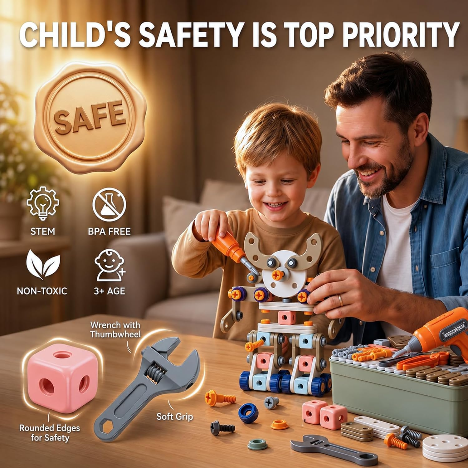 211 Pcs Kids Tool Set for Kids Ages 3-8, STEM Building Toys with Electric Drill & Storage Box, Building & Construction Educational Montessori Birthday Gift for 3 4 5 6 7 8+ Year Old - Image 4