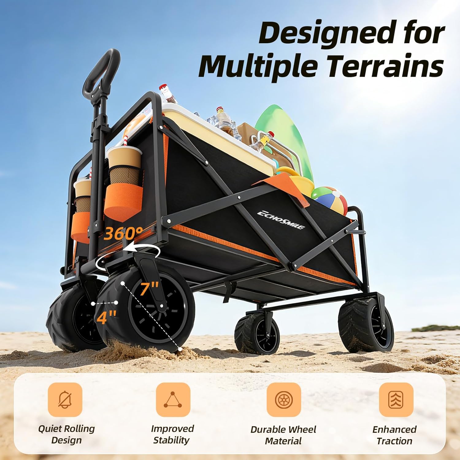 EchoSmile Heavy Duty 350 Lbs Capacity Collapsible Wagon, Outdoor Folding Camping Grocery Portable Utility Cart, Adjustable Rolling Carts, All Terrain Beach Wagon with Big Wheels (Black&Orange-Arrow) - Image 4