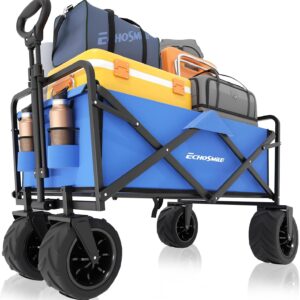 EchoSmile Heavy Duty 350 Lbs Capacity Collapsible Wagon, Outdoor Folding Camping Grocery Portable Utility Cart, Adjustable Rolling Carts, All Terrain Sports Wagon with Big Wheels (Blue-Arrow)
