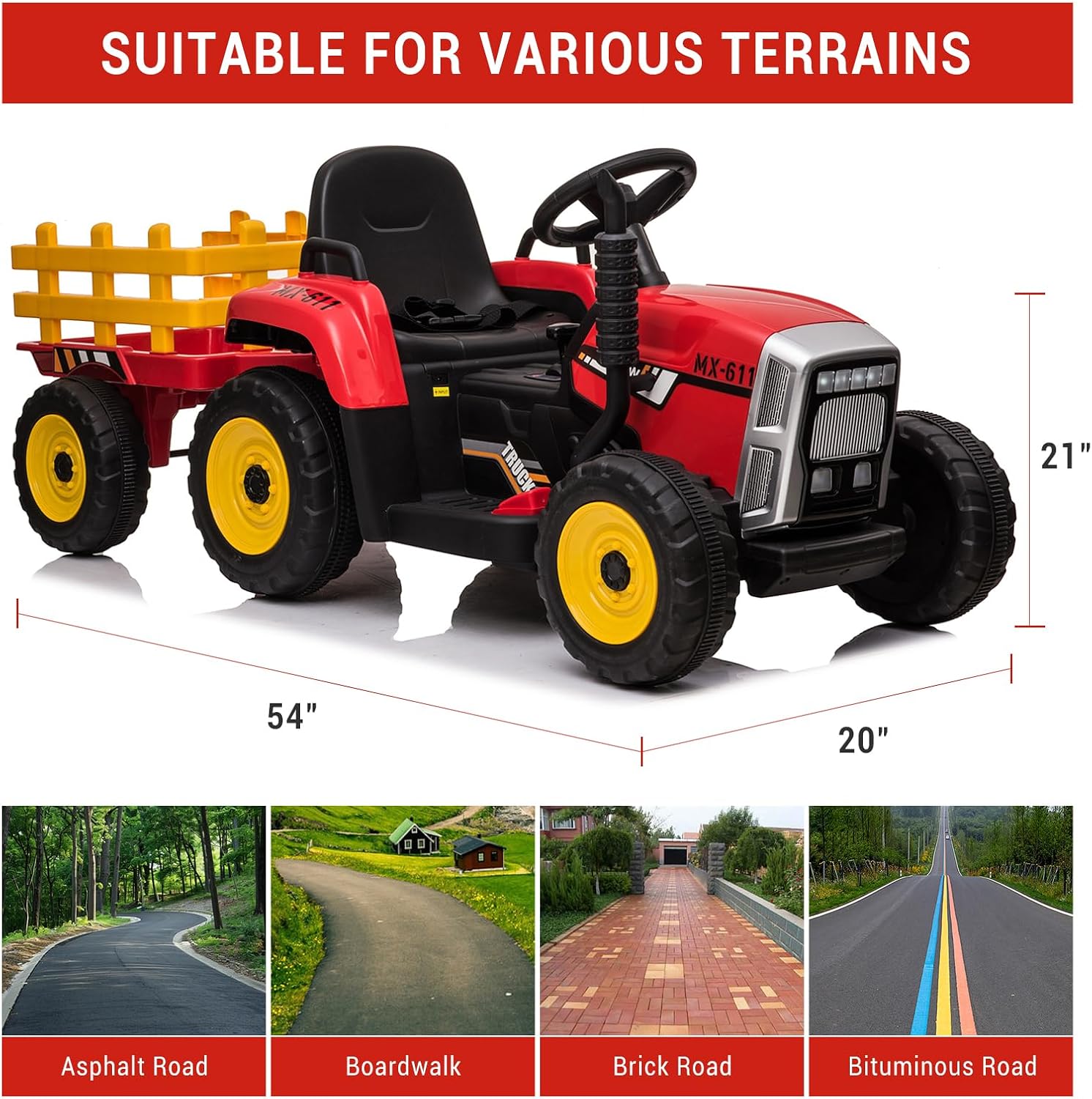 Garvee 12V 4.5Ah Kids Ride on Tractor with Trailer & Remote Control, 5Mph Speed, Toddler Electric Vehicle Car with Headlights,2+1 Gear Shift, Music, USB for 3-6 Years Children, Two 25W Motors, Red - Image 5