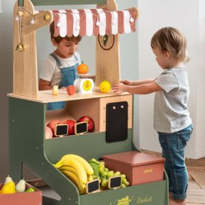 ROBUD Pretend Play Grocery Store with Lights, Supermarket Playset for Kids, Interactive Wooden Play Market Stand, Gift for 3+ Kids Boys Girls (Vintage Green)